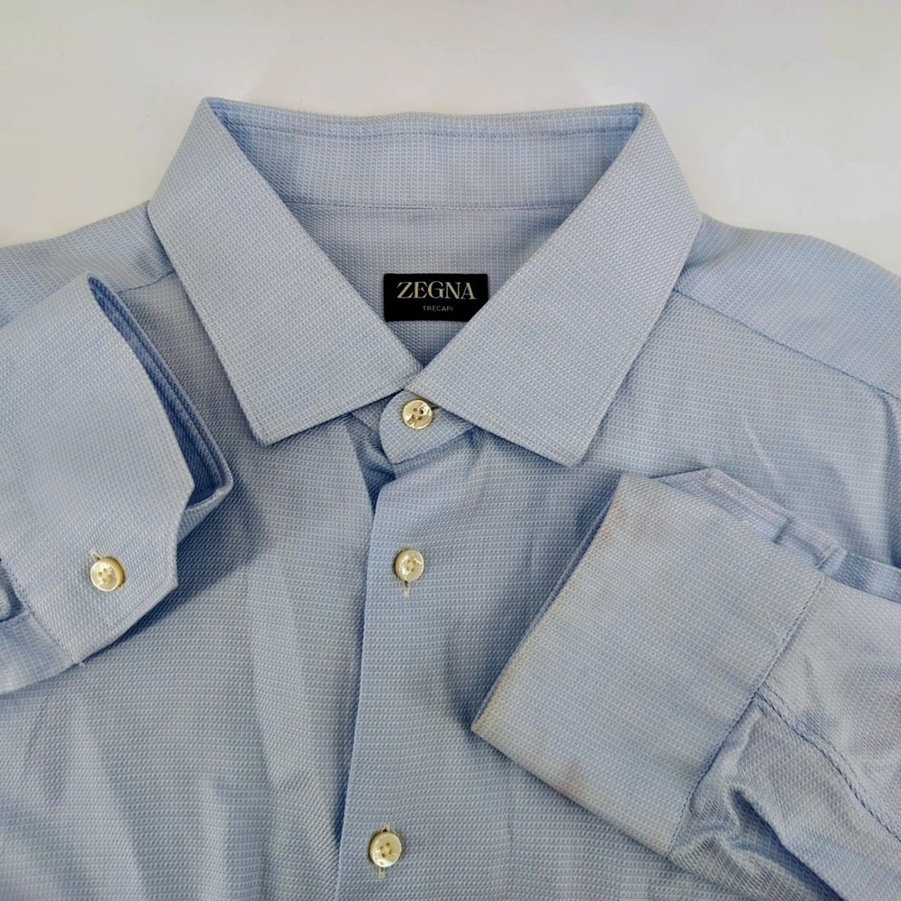 ZEGNA Mens 46/18 Micro-Structure Trecapi Cotton Dress Shirt Oxford Button Shirt